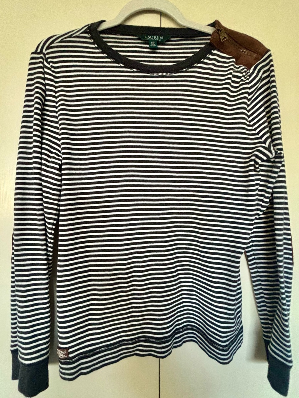 Ralph Lauren Dark Navy & White Striped Long Sleeve Top w/ Brown Elbow Patches